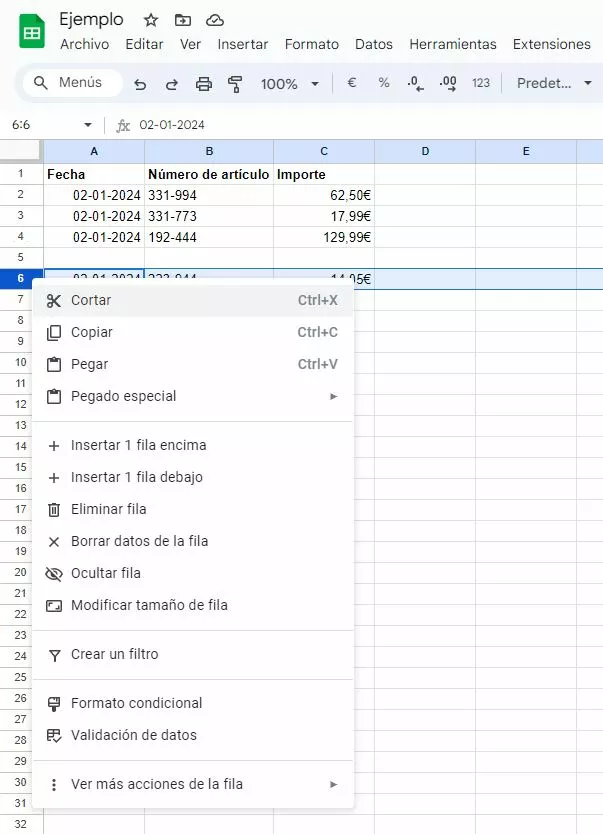 Captura de pantalla del menú desplegable para eliminar una fila en Google Sheets