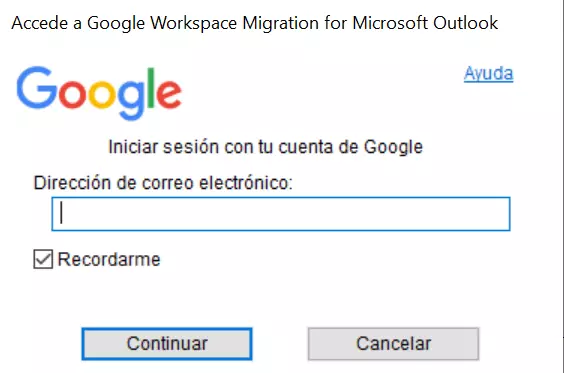 Google Workspace Migration for Microsoft Outlook: seleccionar cuenta