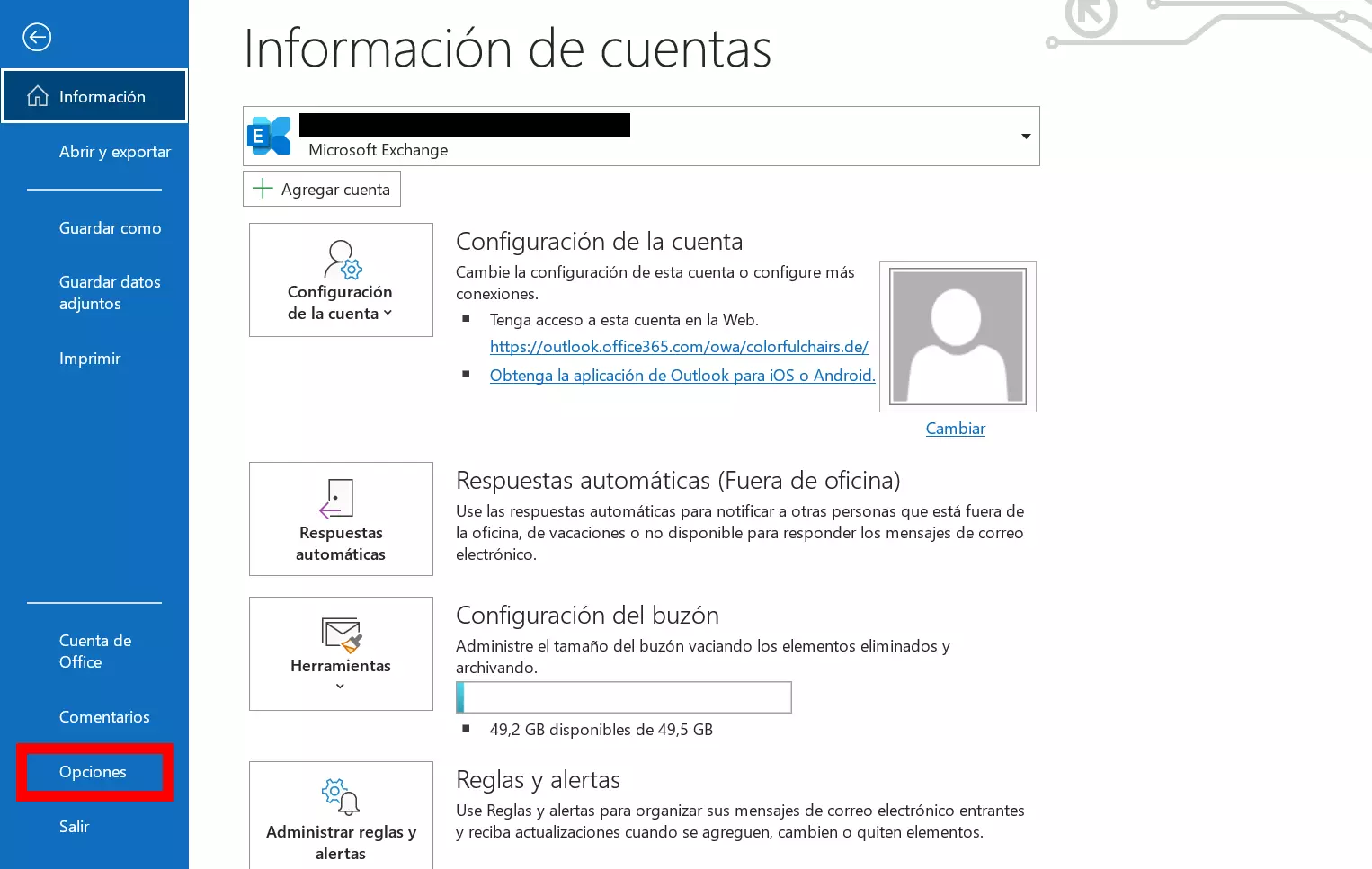 Opciones de Outlook en la ventana emergente de información de cuentas