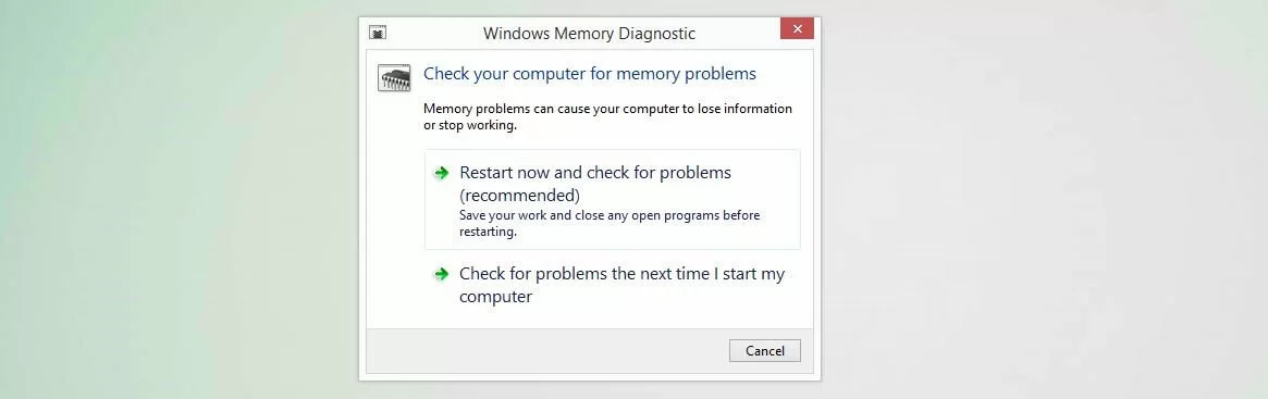 Diagnóstico de memoria de Windows: cuadro de diálogo de inicio