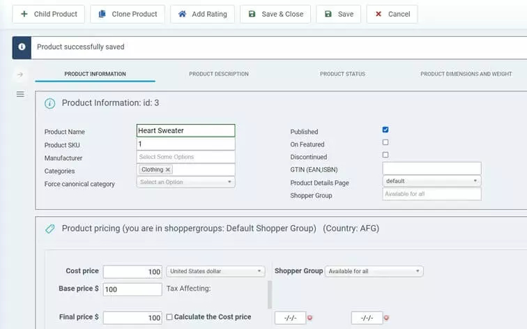 Introducción de la información del producto con VirtueMart