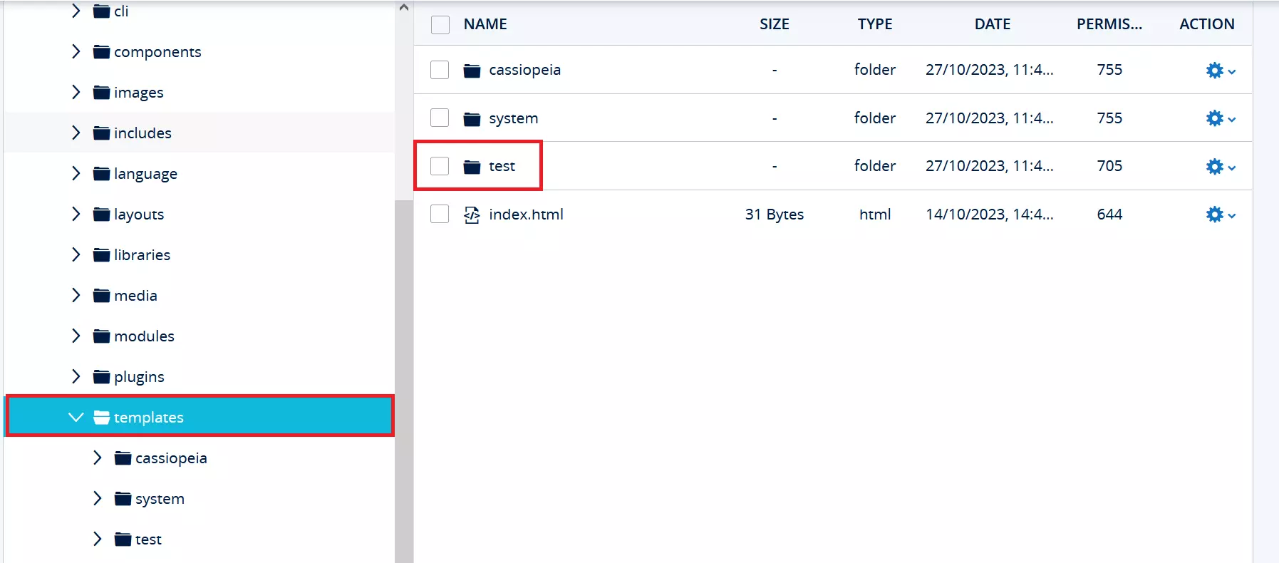 Vista de la estructura de archivos de Joomla