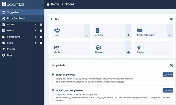 Dashboard del backend de Joomla (4.1.2)