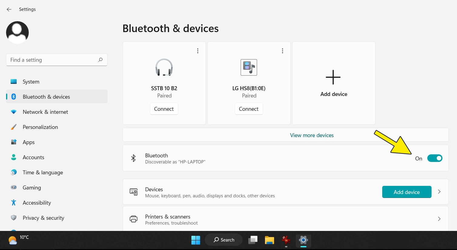 Configuración de Bluetooth en el sistema de Windows 11: botón deslizante de Bluetooth “Activado”