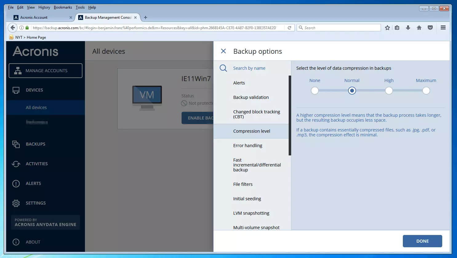 La consola de gestión de backups de Acronis Backup 12.5: menú para la selección del modo de compresión