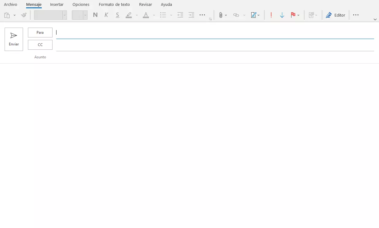 Aspecto de un nuevo correo en Outlook