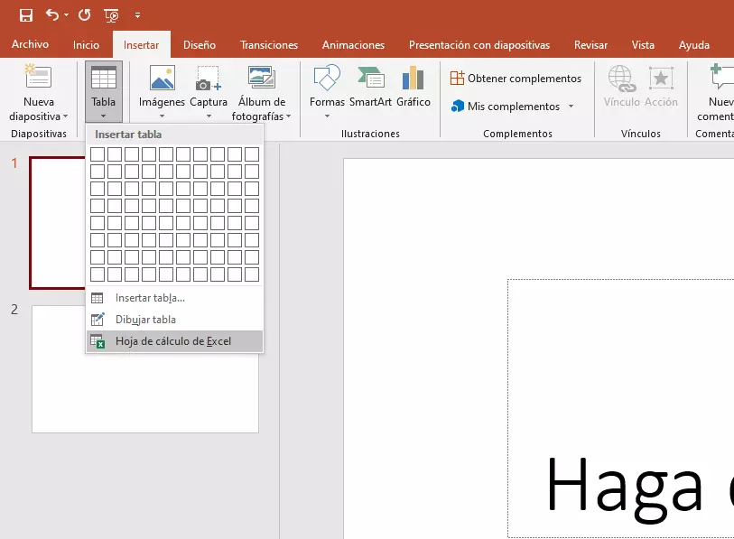 PowerPoint: insertar tabla de Excel