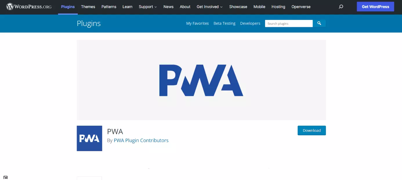 Página de inicio del plugin PWA