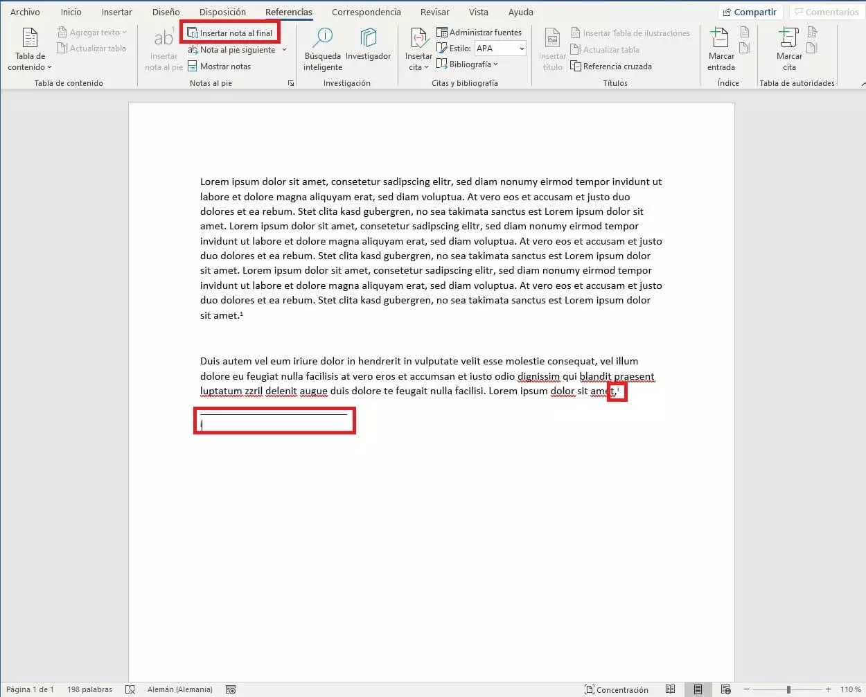 Insertar una nota al final en Word 2019