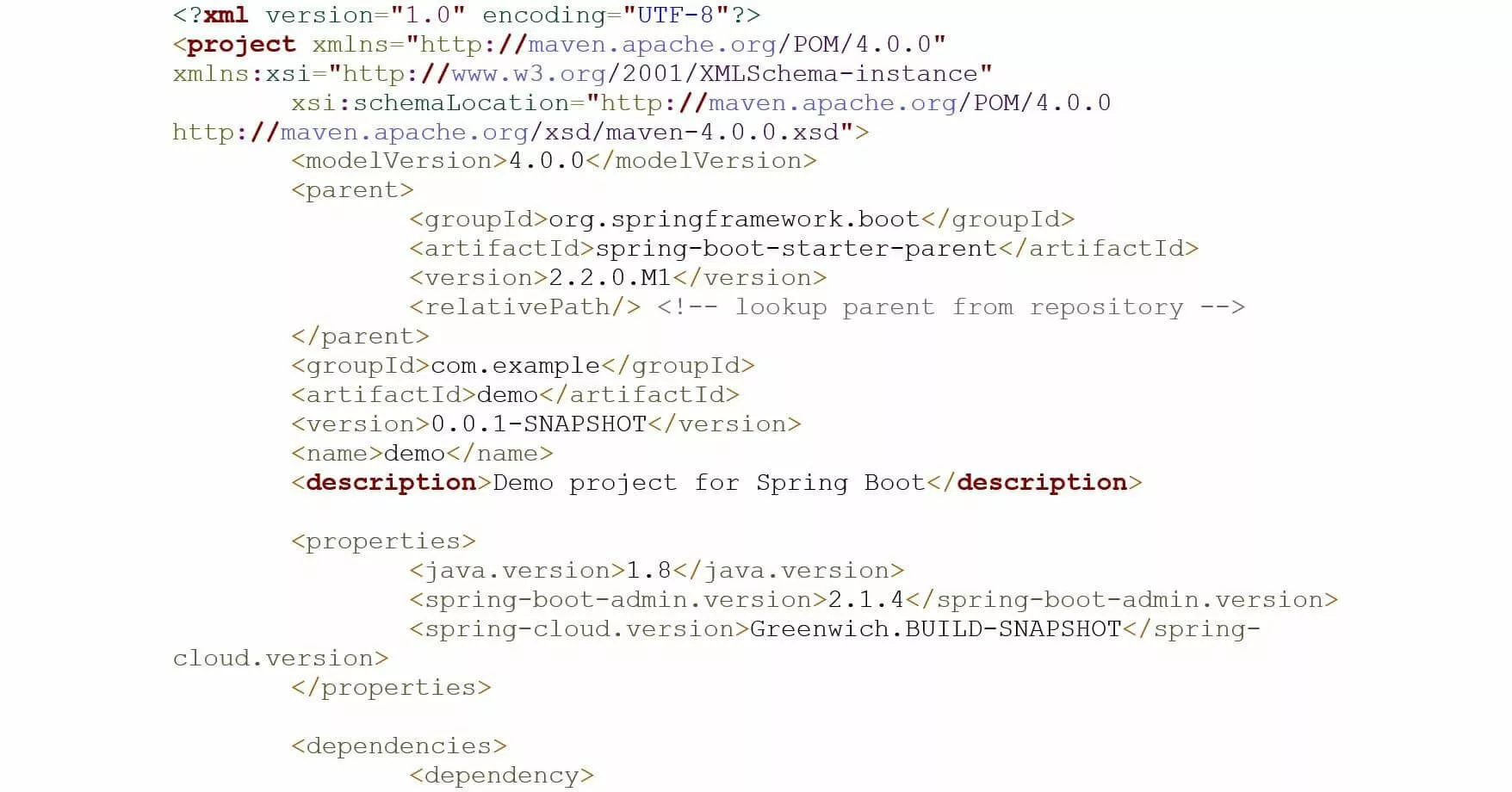 Fragmento del archivo de configuración pom.xml de Maven generado al crear el proyecto.