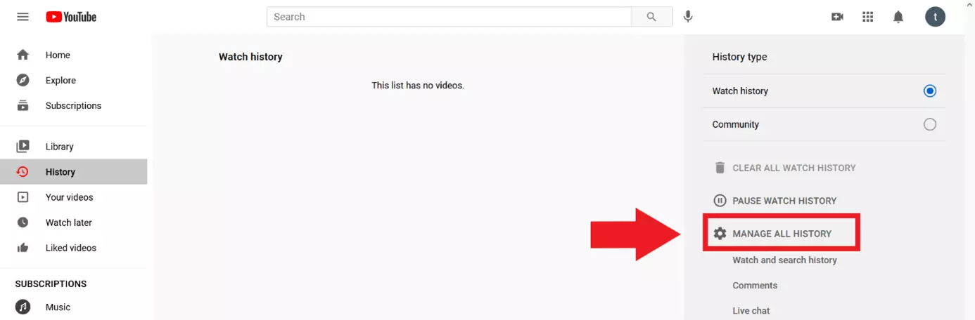 Ajustes de YouTube: “Gestionar todo el historial”