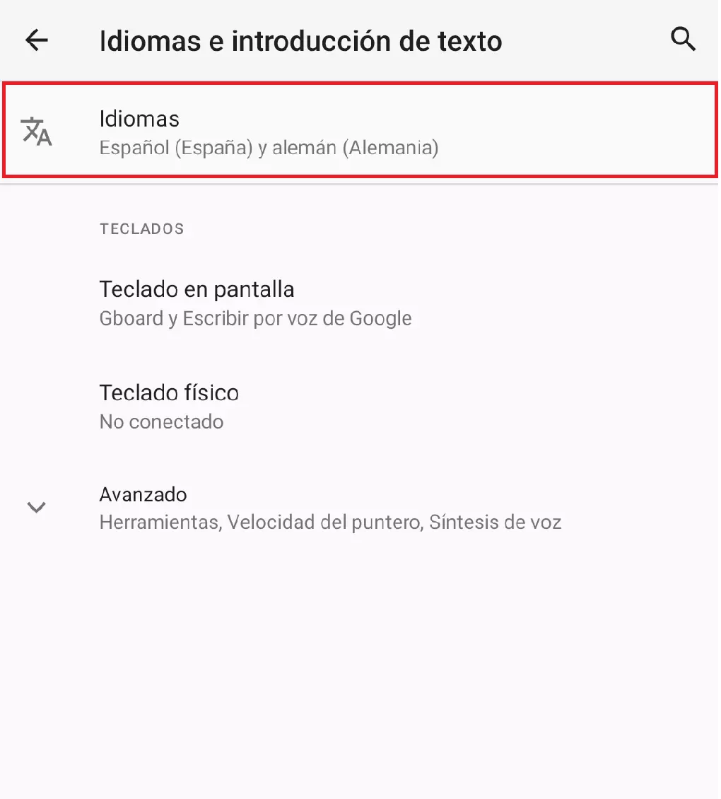 Los diferentes idiomas en el menú de la opción “Idiomas”