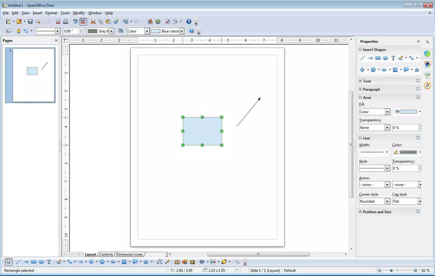 Interfaz de la versión en inglés de OpenOffice Draw