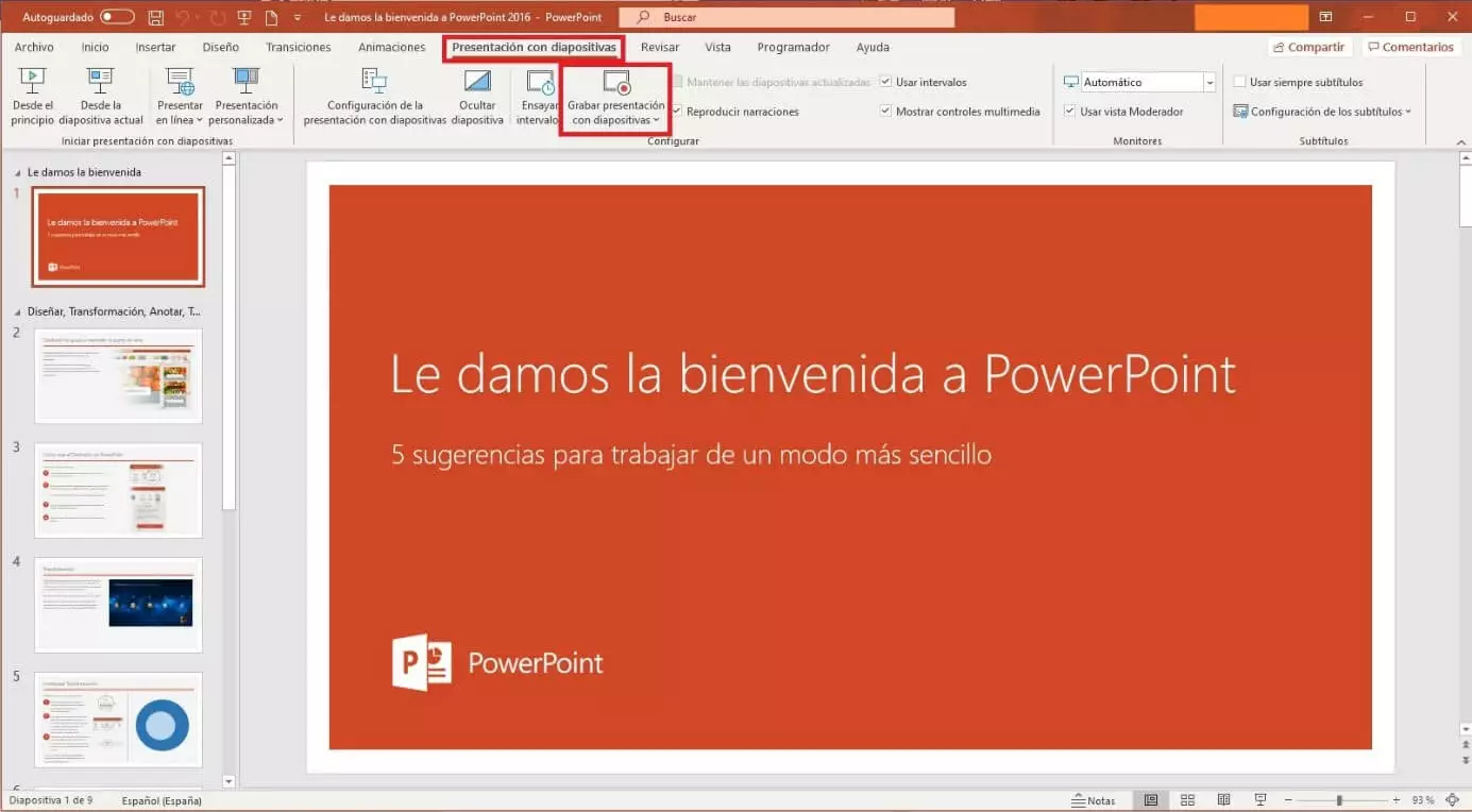 PowerPoint 2016: pestaña Presentación con diapositivas