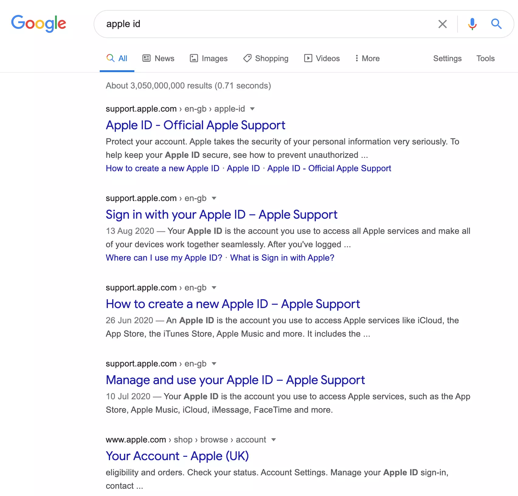 SERP de la búsqueda en Google ′apple id′