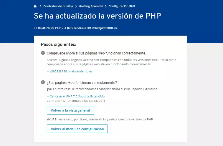 Panel de control de IONOS: Finalización del soporte extendido de PHP