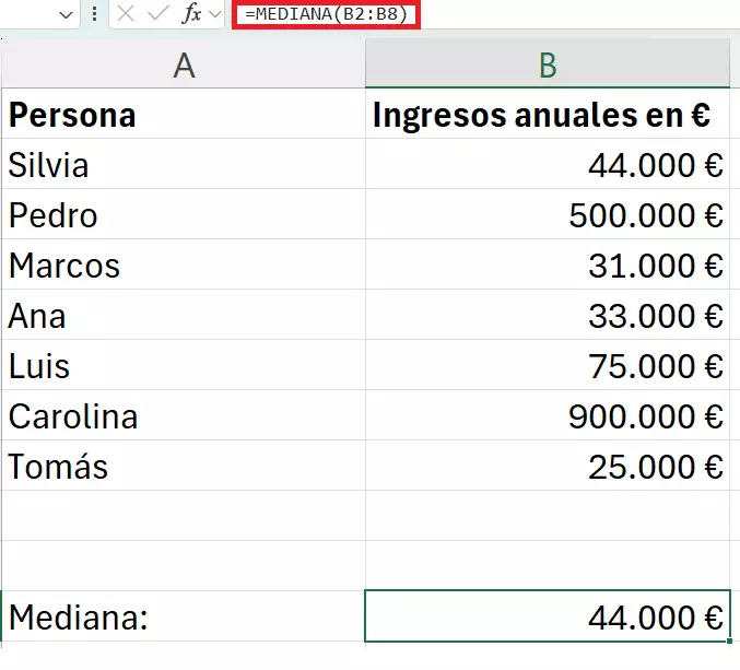 Calcular mediana en Excel con un número impar de valores