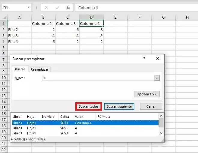 Función de buscar en Excel: vista de todos los resultados de un término de búsqueda