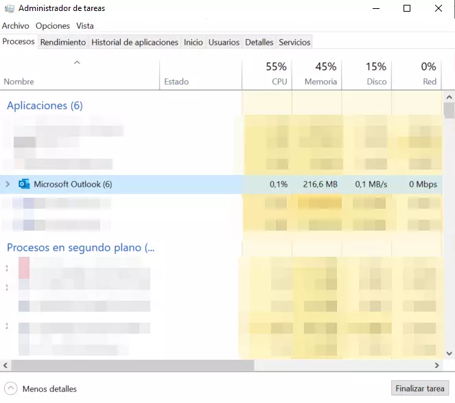 Finalizar Outlook en el administrador de tareas