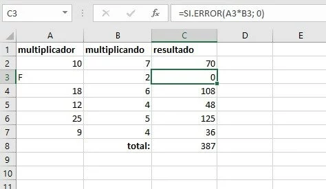 Introducción de un valor mediante la función SI ERROR