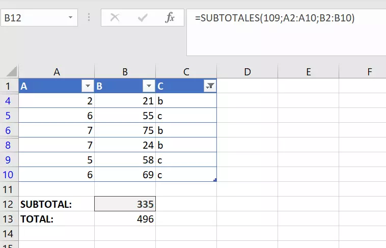 Ejemplo de sumas calculadas en Excel con SUBTOTALES