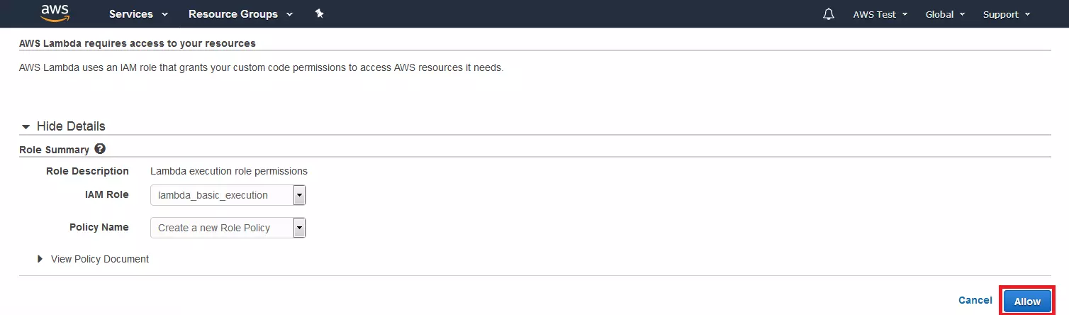 AWS Management Console: máscara de configuración para el rol de ejecución de la función Lambda