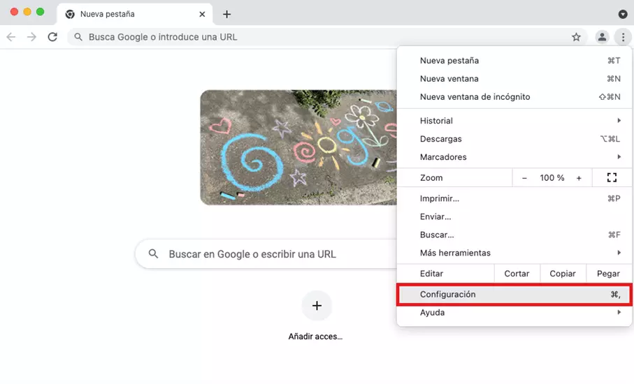 “Configuración” en el menú rápido de Chrome