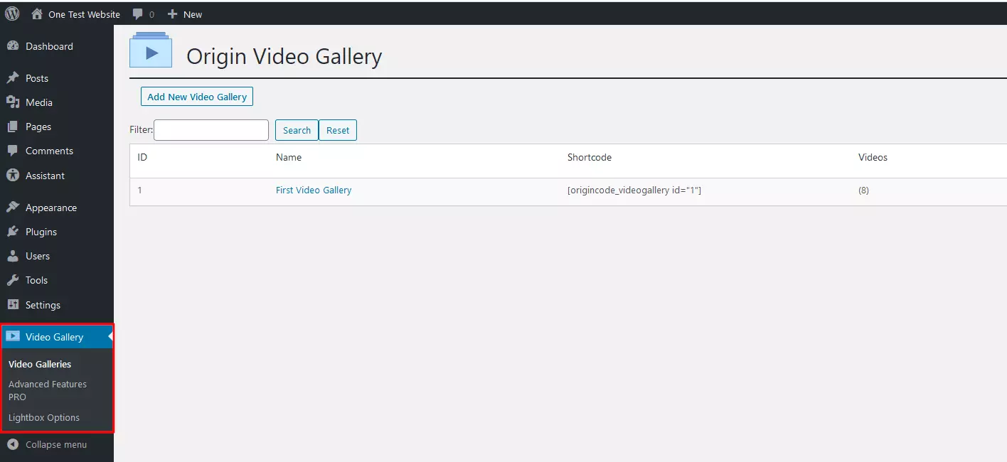 Menú del plugin “Video Gallery” en el servidor de WordPress