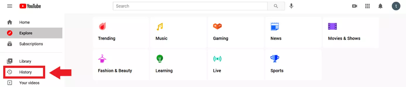 “Historial” en la barra lateral de YouTube