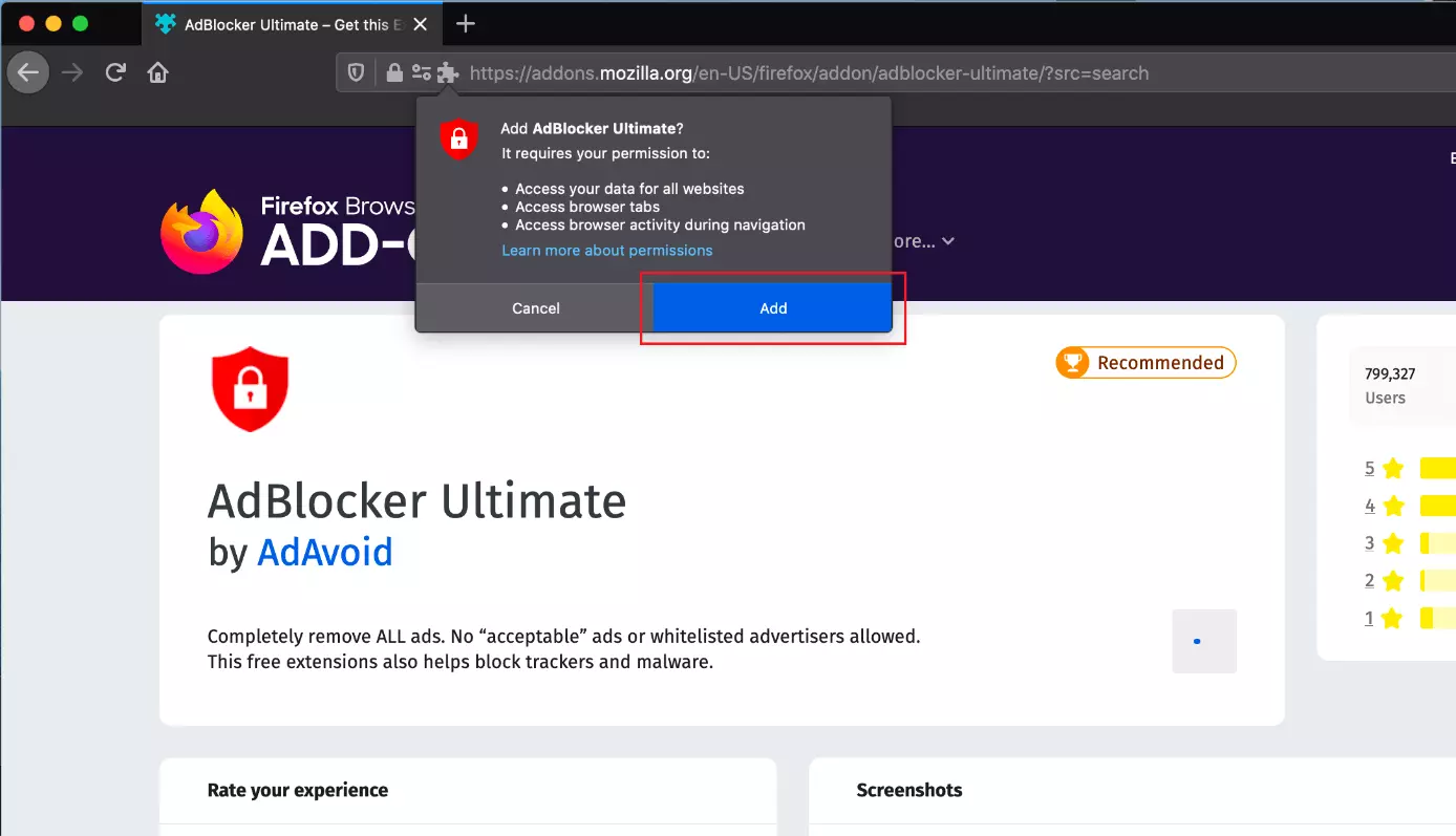 Ventana emergente que confirma la instalación del add on