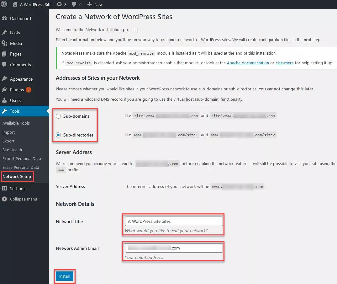 Herramientas – Configurar red: posibilidad de elegir entre subdominios y subdirectorios