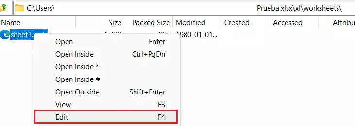 Imagen del archivo Excel, directorio xl\worksheets abierto en el programa 7-Zip, con menú contextual