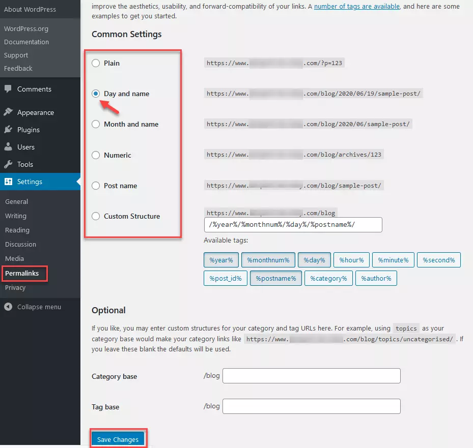 Permalinks: ajustes generales, diferentes opciones para enlaces