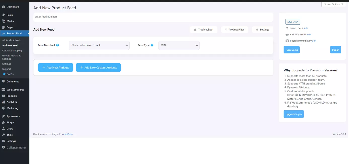 Captura de pantalla del panel de control de WordPress con el Product Feed Manager For WooCommerce