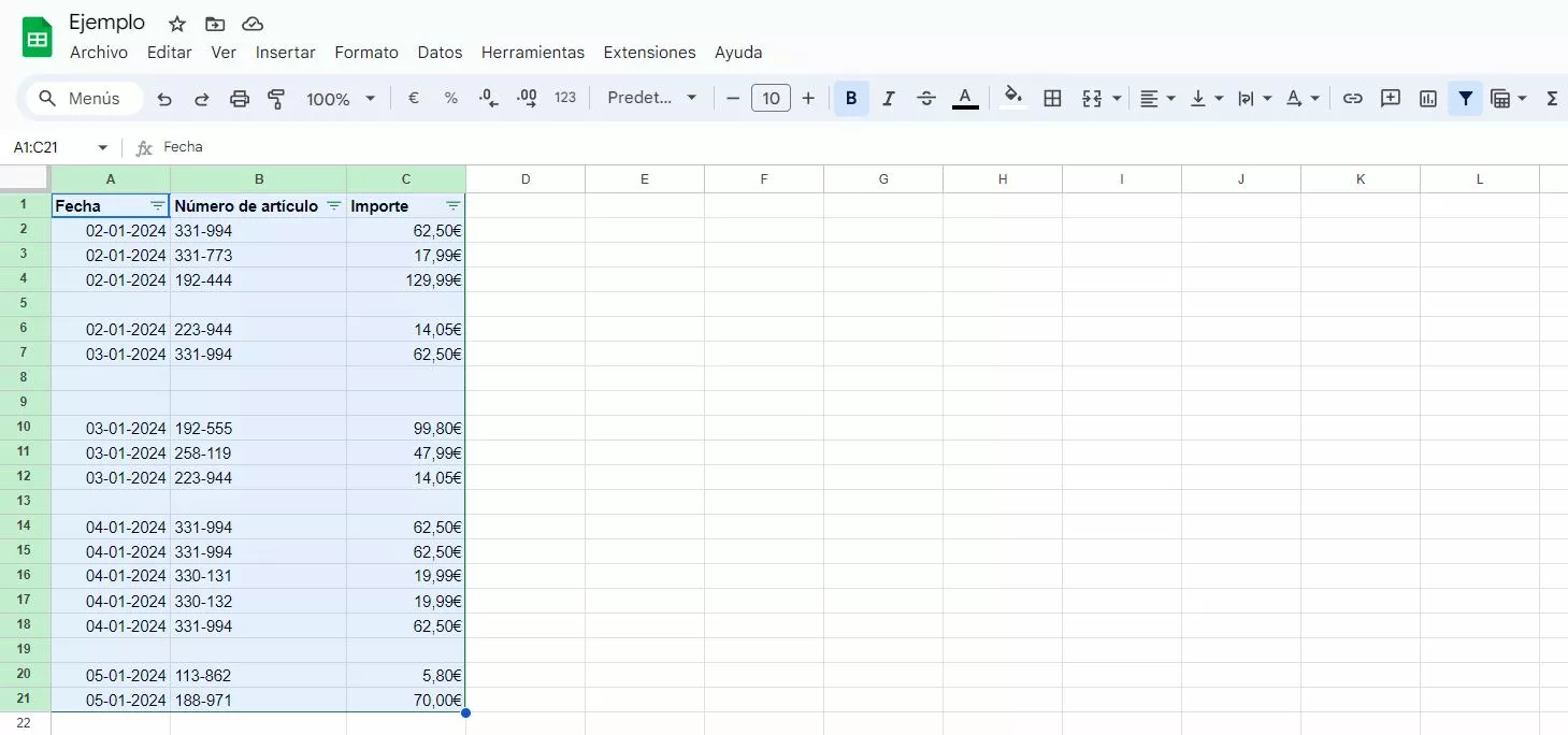 Captura de pantalla de un filtro en Google Sheets