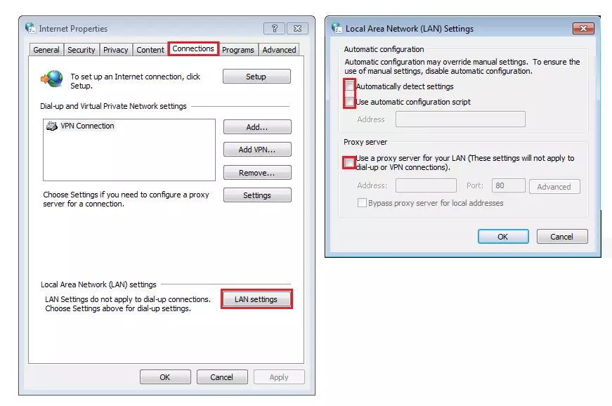 Ajustes de LAN dentro de las opciones de Internet