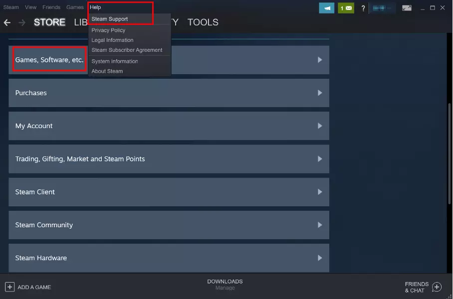 Captura de Soporte de Steam