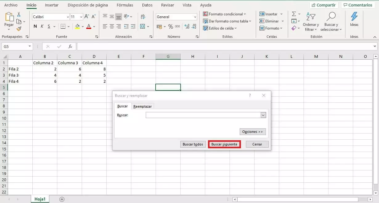 Ventana de buscar y reemplazar en Excel