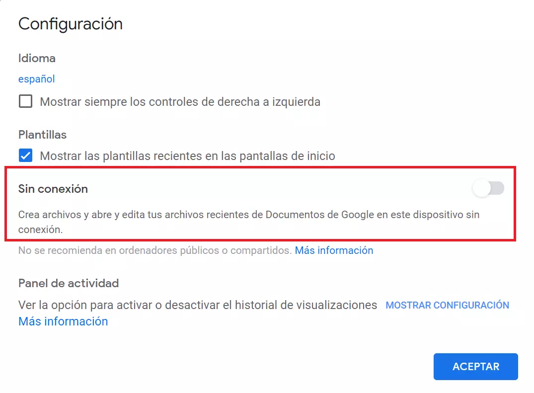 Interruptor para activar la aplicación de uso offline de Google Docs