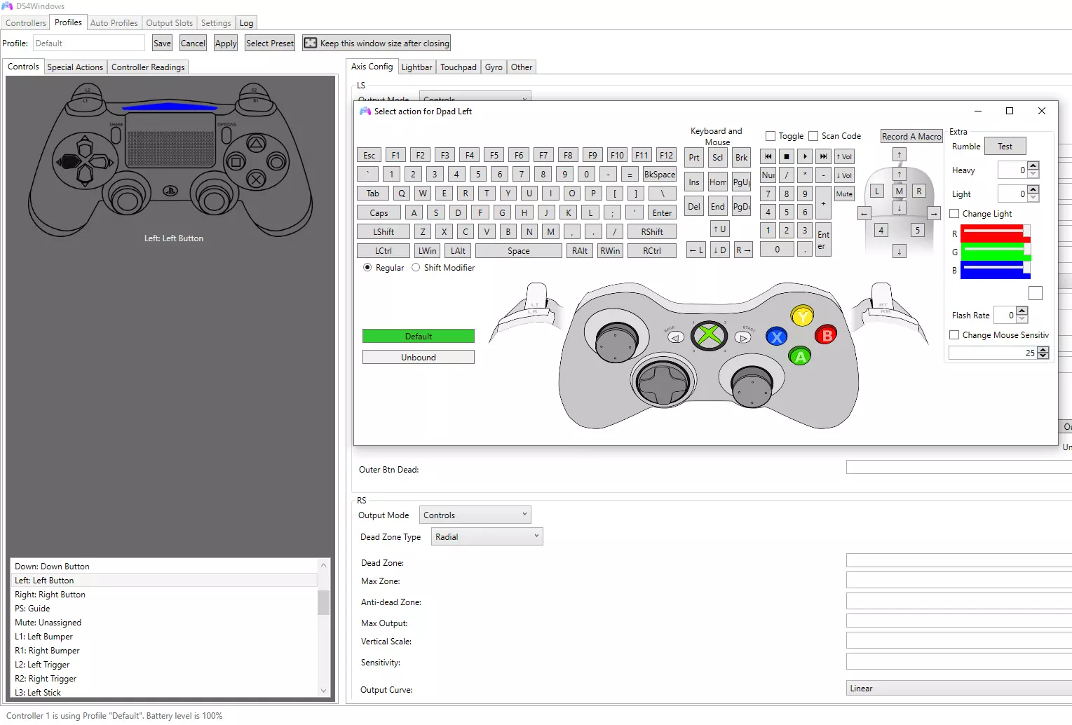 Captura de pantalla de la configuración de los botones en el menú del DS4 Controller