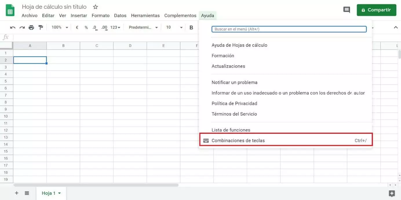 Entrada de combinaciones de teclas de Google Sheets en el menú Ayuda