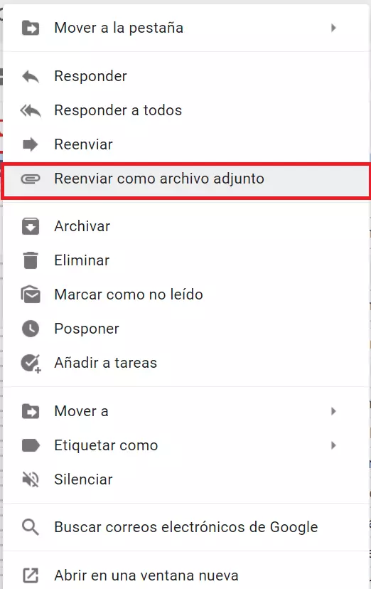 Menú contextual de un correo electrónico