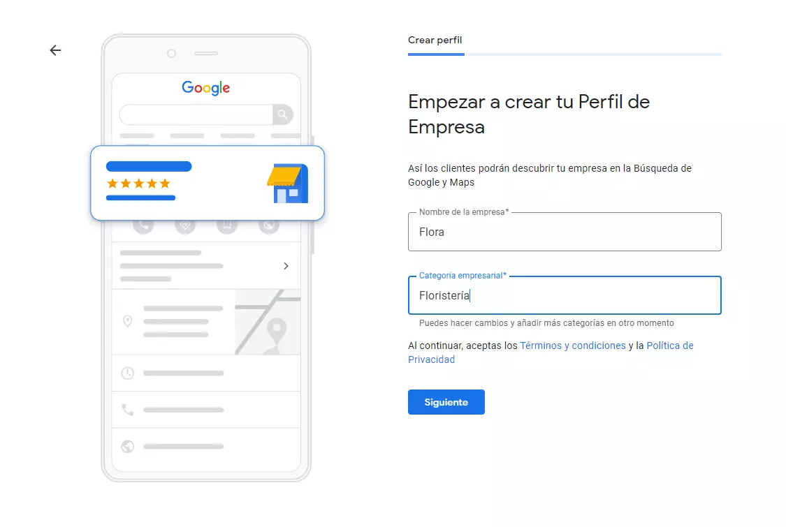 Registrarse en Google My Business: selecciona el nombre de la empresa y la categoría