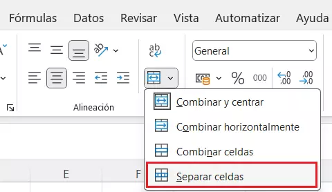 Ejemplo de separar celdas en Excel