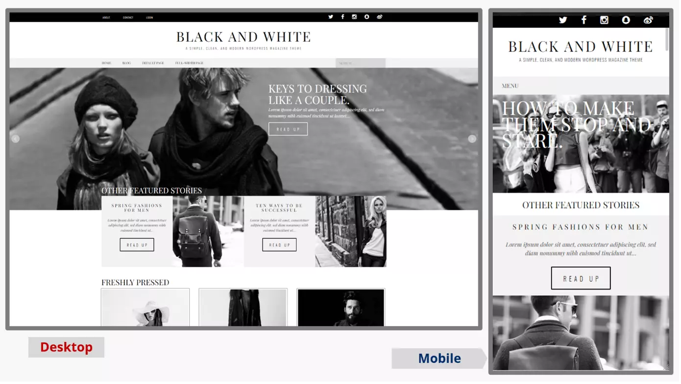 Capturas de pantalla de la plantilla de blog de WordPress Black and White en las versiones para dispositivo móvil y de escritorio