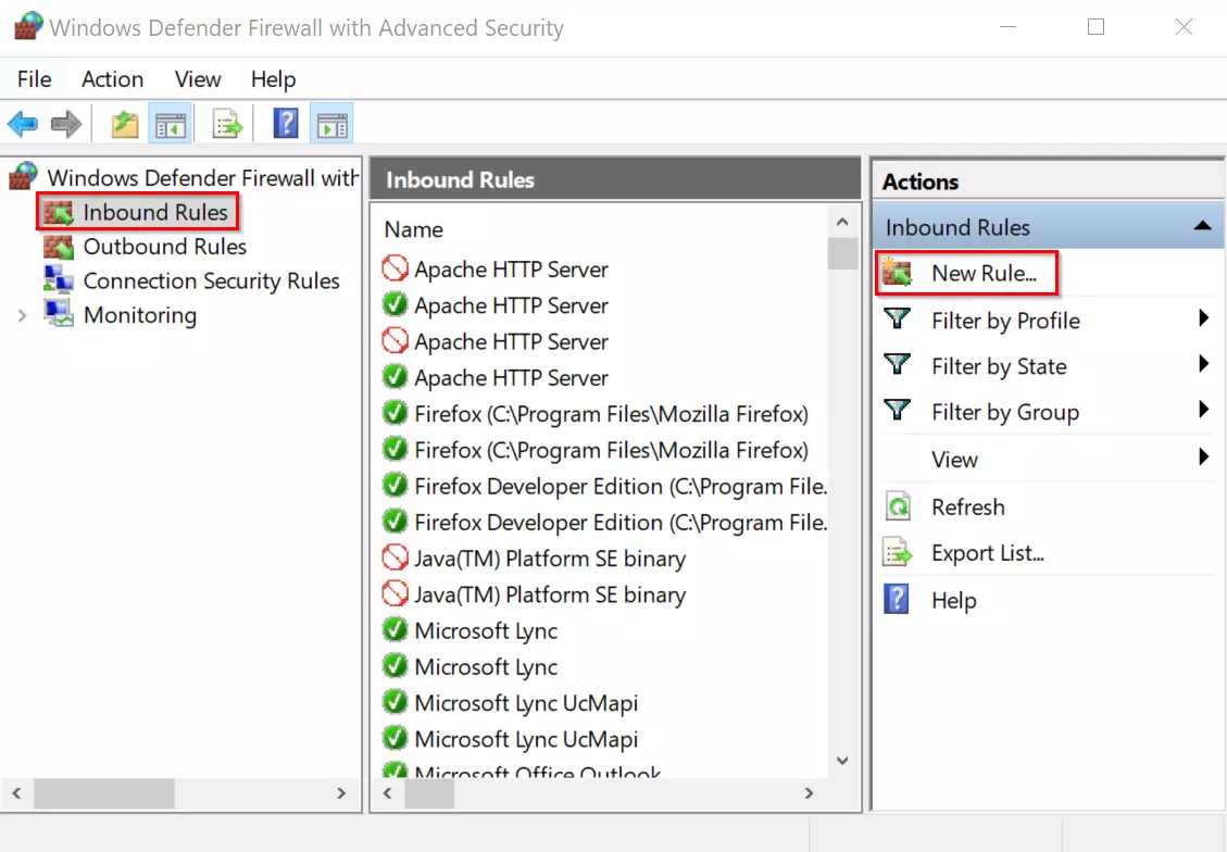 Windows Defender Firewall: añadir regla de entrada