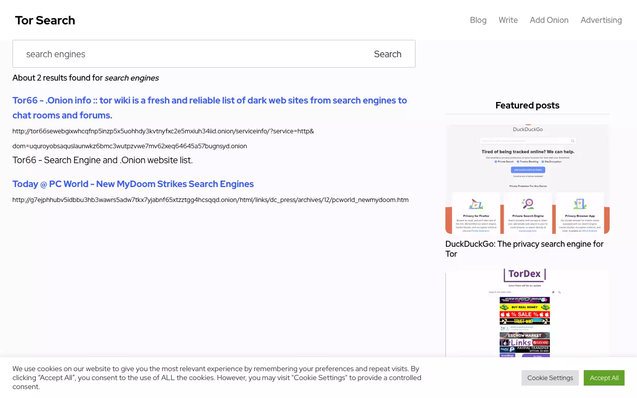 Resultados que devuelve Tor Search al buscar “search engines”