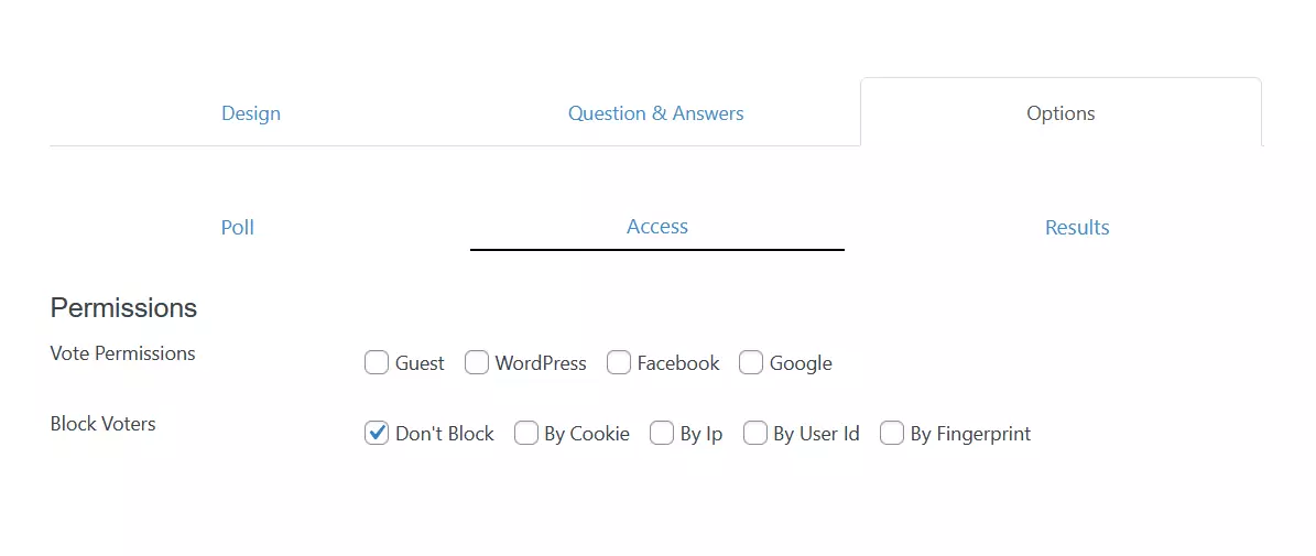 Opciones de acceso a YOP Poll