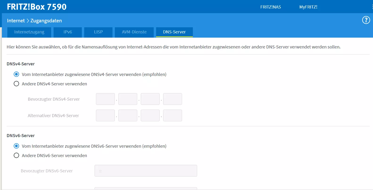 Configuración DNS en el área de administración de un Fritz!Box