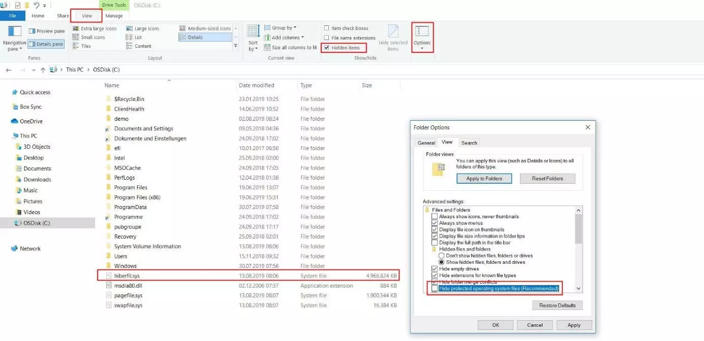 Archivo hiberfil.sys visible en el directorio de la partición de Windows